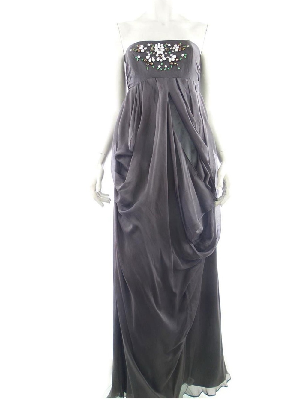 Strapless Gray Evening Gown with Embellished Bodice 100% Silk